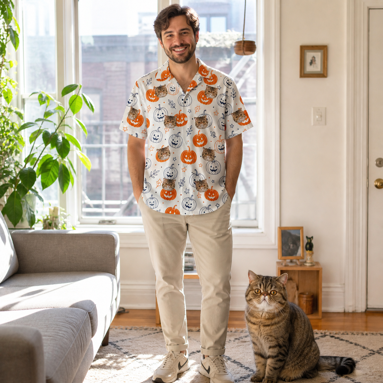 Full-length photo with the pet printed all over this Men's Jack O'Jitters Custom Cat Face Hawaiian Shirt
