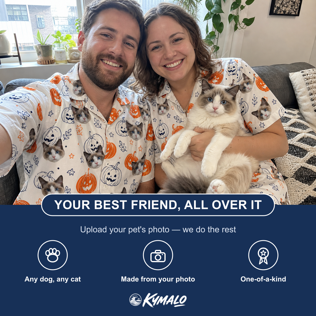 Friends in matching Men's Jack O'Jitters Custom Cat Face Hawaiian Shirt — a group gift photo