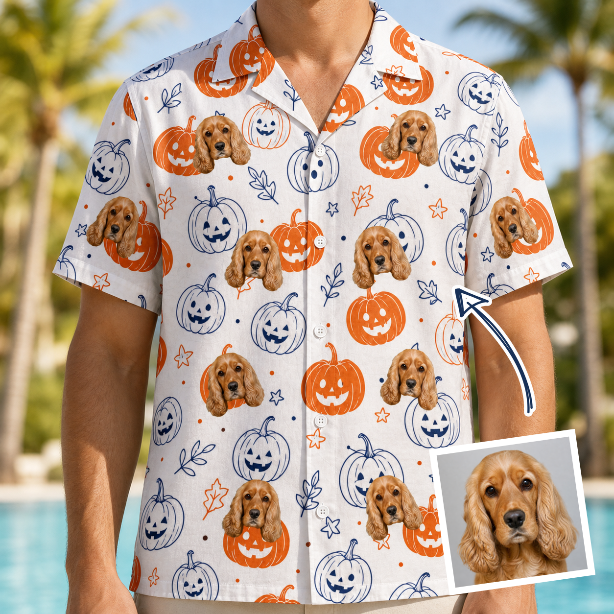 Man wearing Men's Jack O'Jitters Custom Dog Face Hawaiian Shirt — custom faces printed all-over