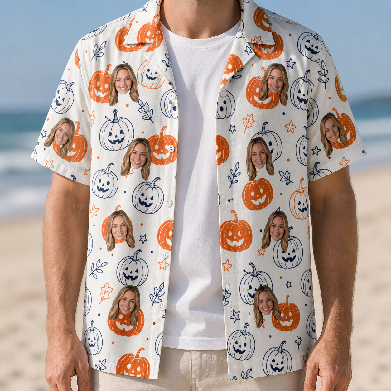 Man wearing Men's Jack O'Jitters Custom Face Hawaiian Shirt open over a white tee