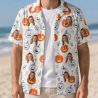 Man wearing Men's Jack O'Jitters Custom Face Hawaiian Shirt open over a white tee