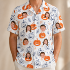 Model wearing Men's Jack O'Jitters Custom Face Hawaiian Shirt printed with kids' faces