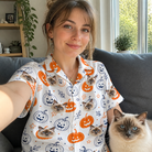 Selfie with the pet whose face is printed all over this Women's Jack O'Jitters Custom Cat Face Hawaiian Shirt