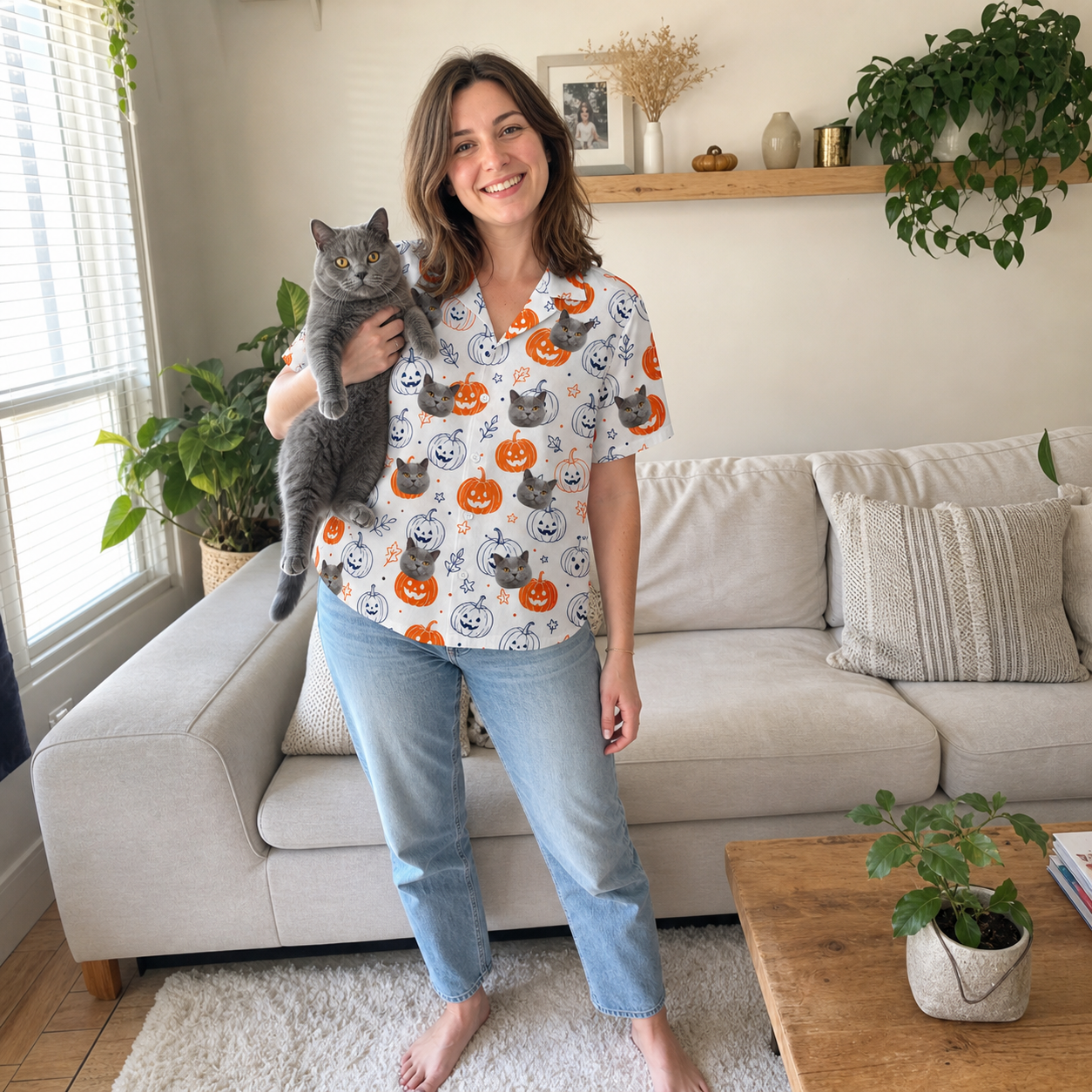 Full-length photo with the pet printed all over this Women's Jack O'Jitters Custom Cat Face Hawaiian Shirt