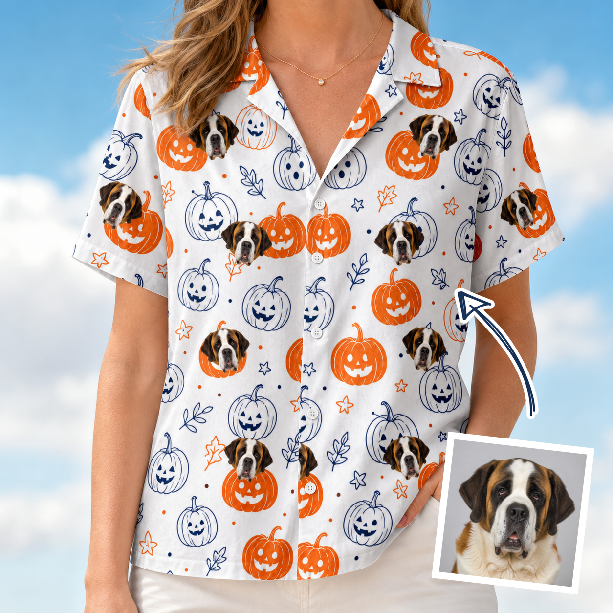 Woman wearing Women's Jack O'Jitters Custom Dog Face Hawaiian Shirt — custom faces printed all-over