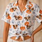 Woman wearing Women's Jack O'Jitters Custom Dog Face Hawaiian Shirt tied at the waist