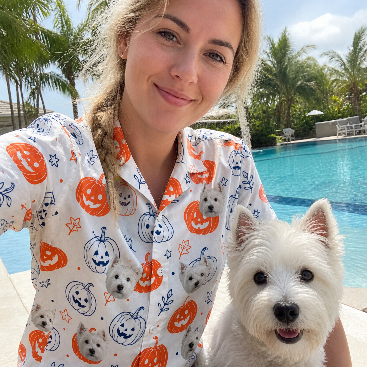 Selfie with the pet whose face is printed all over this Women's Jack O'Jitters Custom Dog Face Hawaiian Shirt