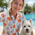 Selfie with the pet whose face is printed all over this Women's Jack O'Jitters Custom Dog Face Hawaiian Shirt