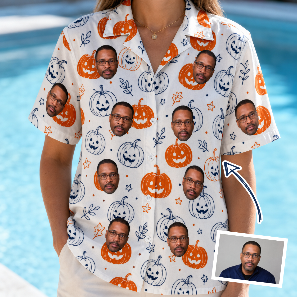 Woman wearing Women's Jack O'Jitters Custom Face Hawaiian Shirt — custom faces printed all-over