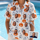 Woman wearing Women's Jack O'Jitters Custom Face Hawaiian Shirt — custom faces printed all-over