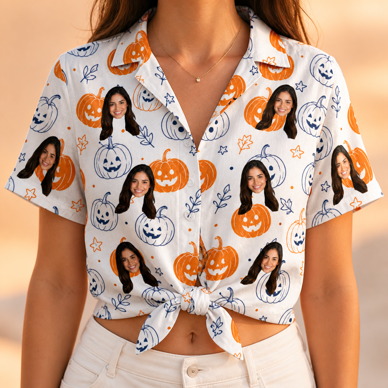 Woman wearing Women's Jack O'Jitters Custom Face Hawaiian Shirt tied at the waist