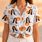 Woman wearing Women's Jack O'Jitters Custom Face Hawaiian Shirt tied at the waist