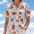 Model wearing Women's Jack O'Jitters Custom Face Hawaiian Shirt printed with kids' faces