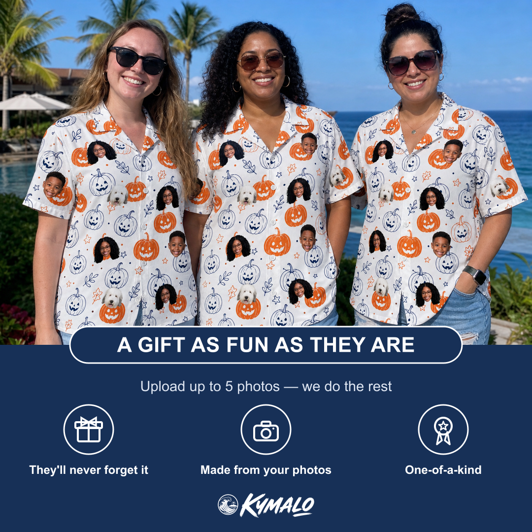 Friends in matching Women's Jack O'Jitters Custom Face Hawaiian Shirt — a group gift photo