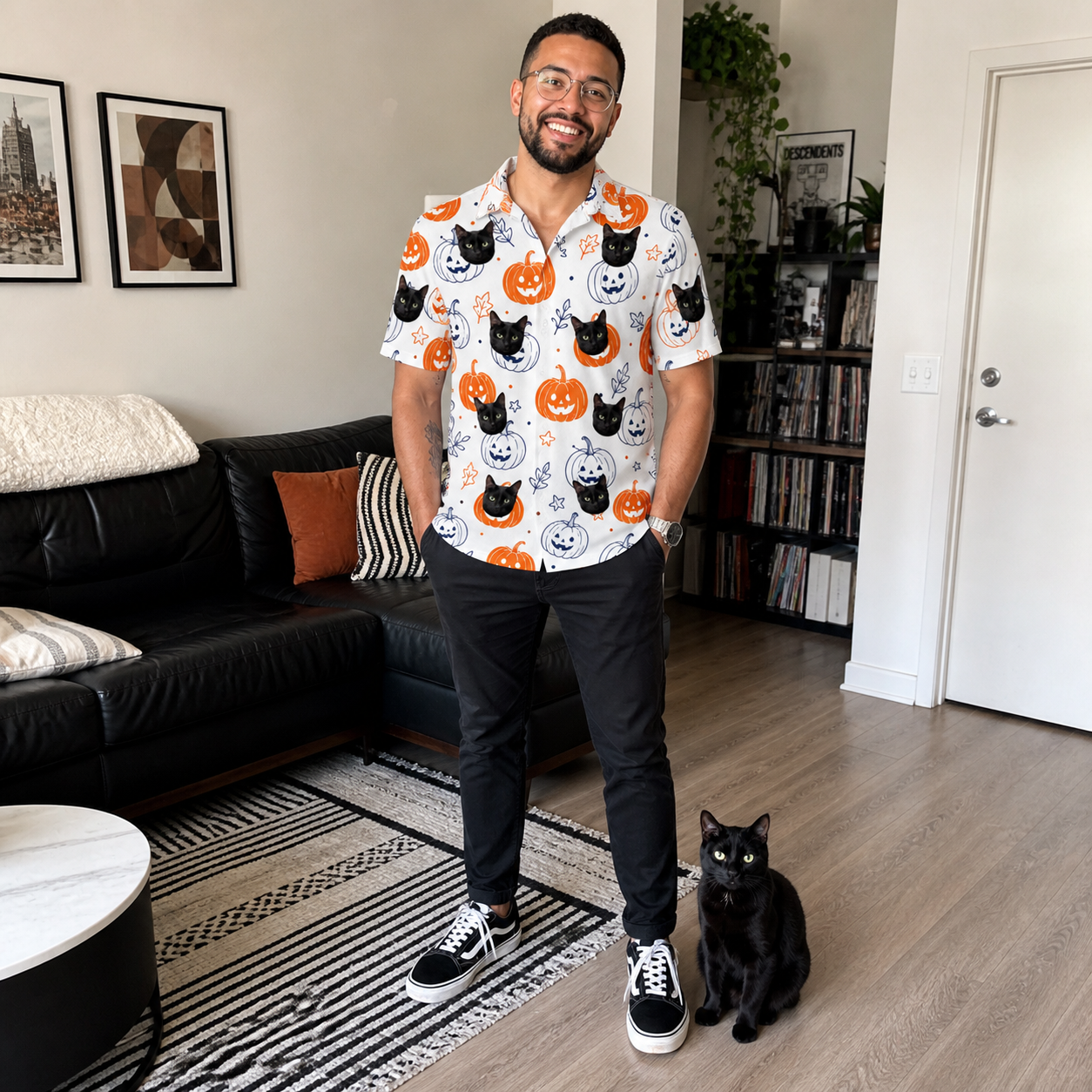 Full-length photo with the pet printed all over this Men's Jack O'Jitters Custom Cat Face Polo Shirt