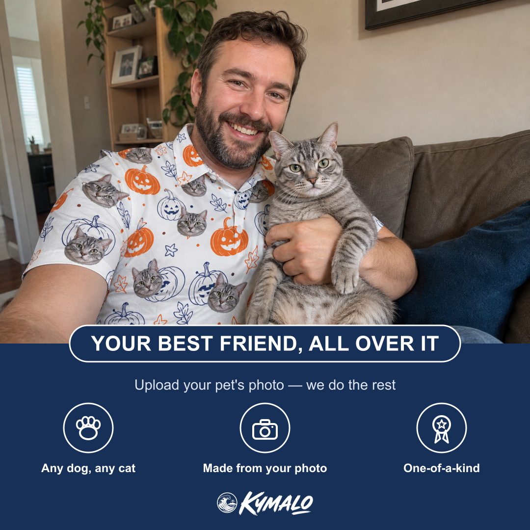Friends in matching Men's Jack O'Jitters Custom Cat Face Polo Shirt — a group gift photo