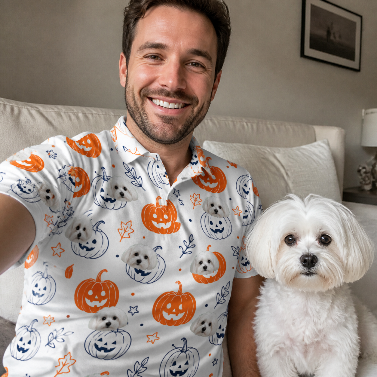 Selfie with the pet whose face is printed all over this Men's Jack O'Jitters Custom Dog Face Polo Shirt