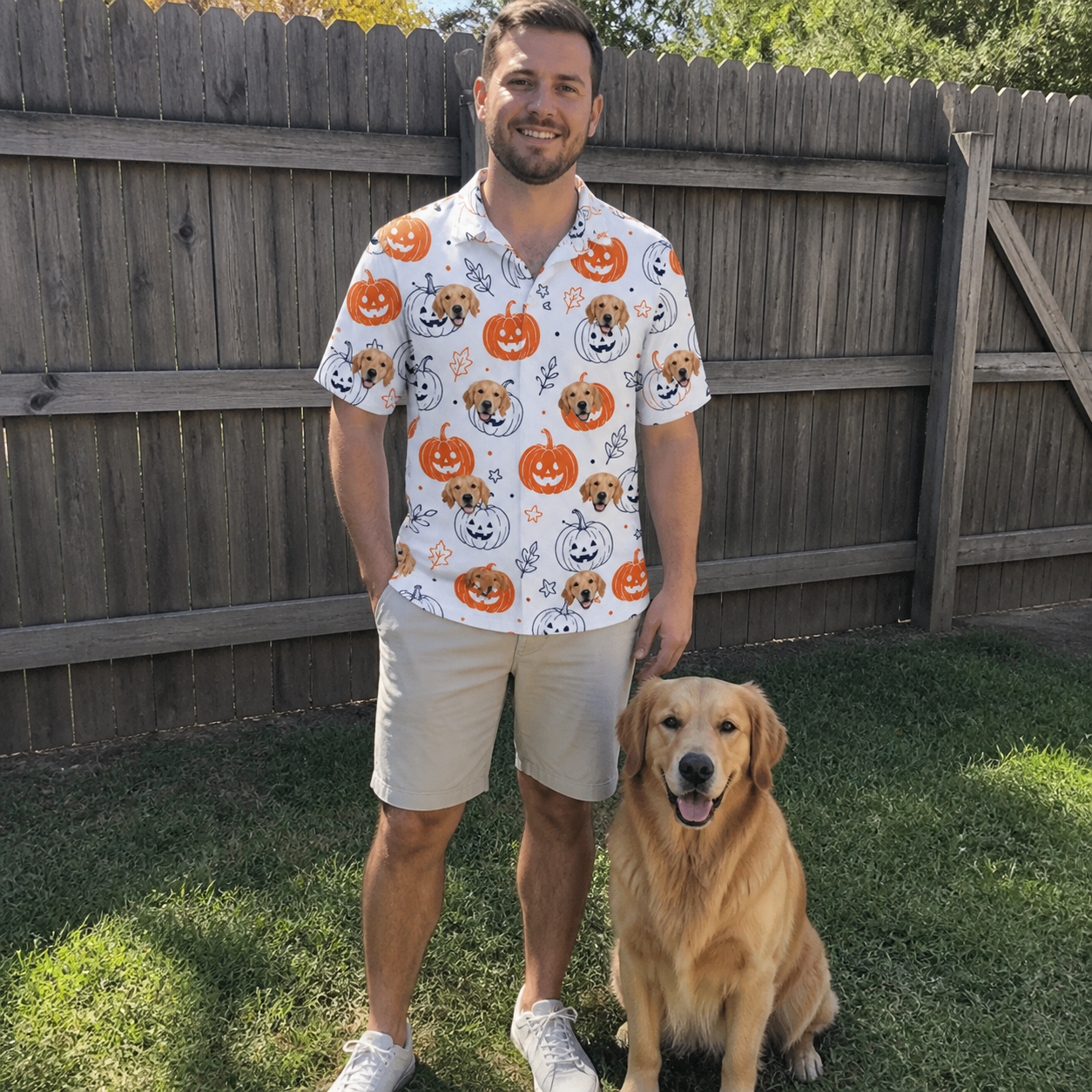 Full-length photo with the pet printed all over this Men's Jack O'Jitters Custom Dog Face Polo Shirt