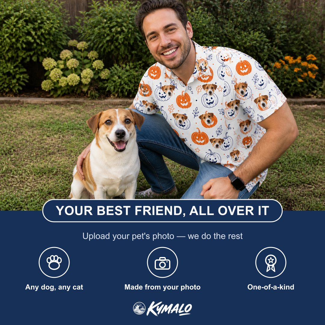 Friends in matching Men's Jack O'Jitters Custom Dog Face Polo Shirt — a group gift photo
