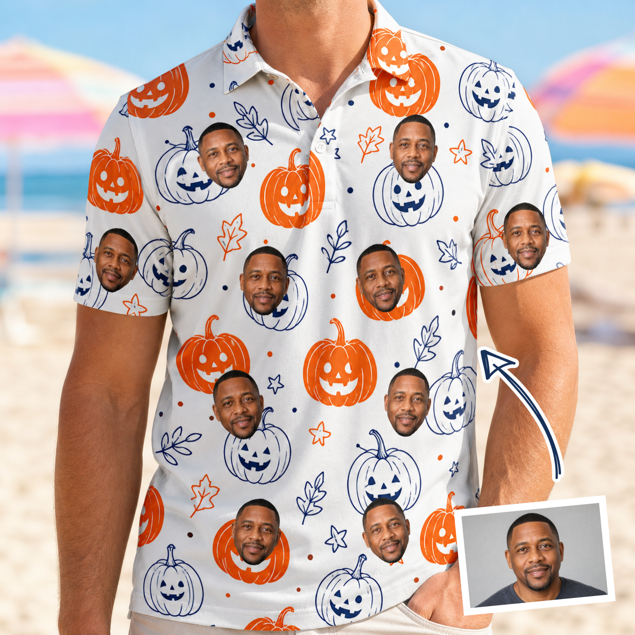 Man wearing Men's Jack O'Jitters Custom Face Polo Shirt — custom faces printed all-over