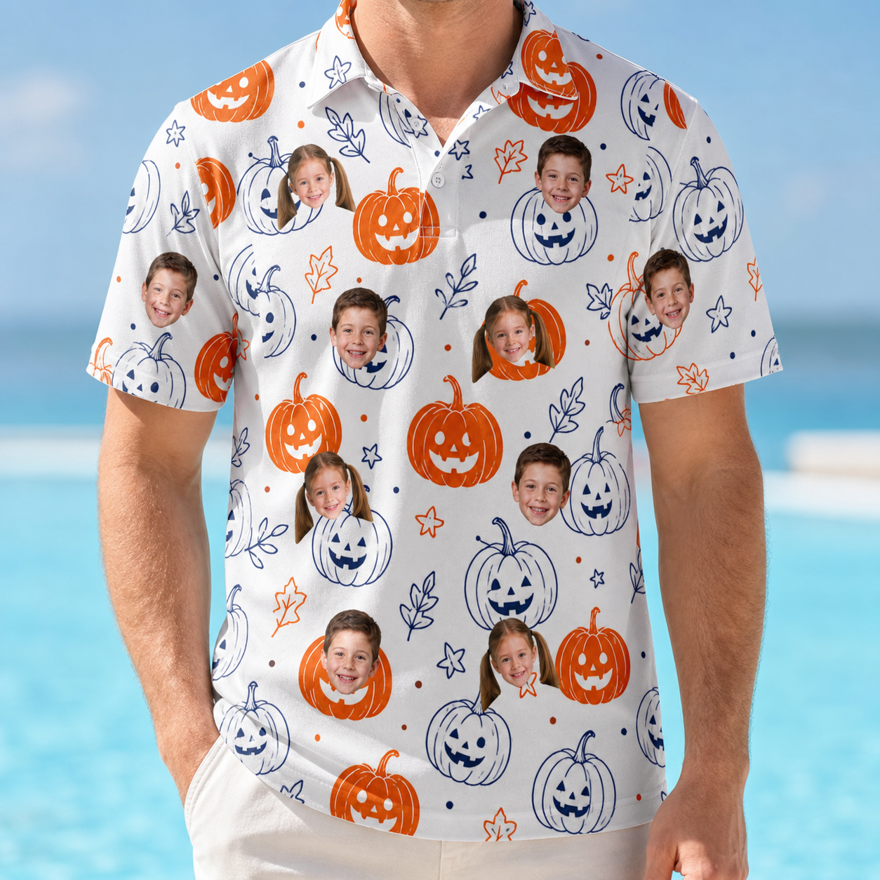 Model wearing Men's Jack O'Jitters Custom Face Polo Shirt printed with kids' faces