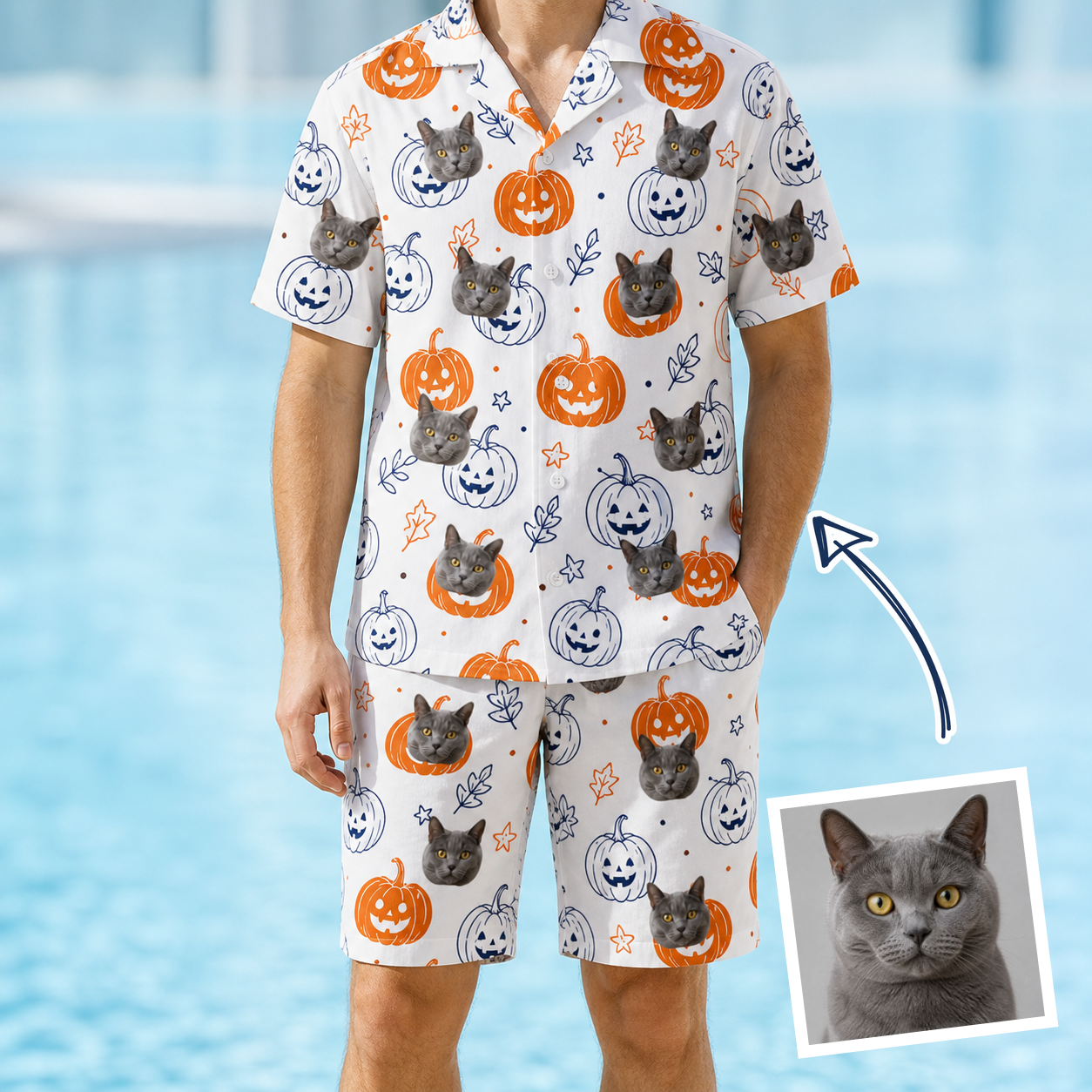 Man wearing Men's Jack O'Jitters Custom Cat Face Shirt & Shorts Set — custom faces printed all-over