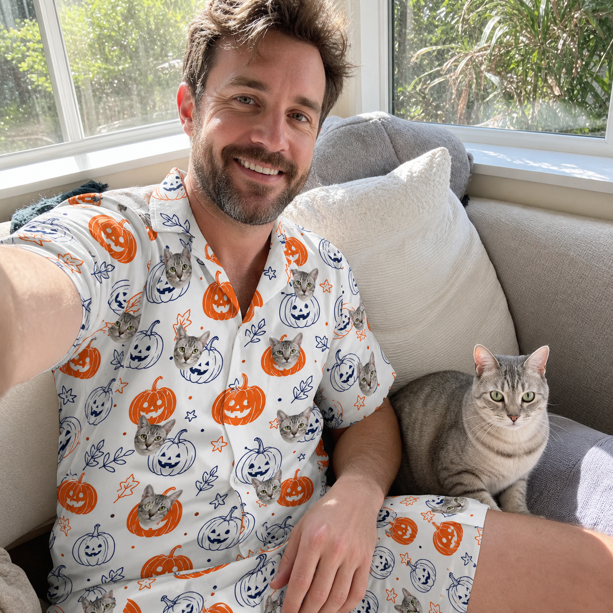 Selfie with the pet whose face is printed all over this Men's Jack O'Jitters Custom Cat Face Shirt & Shorts Set