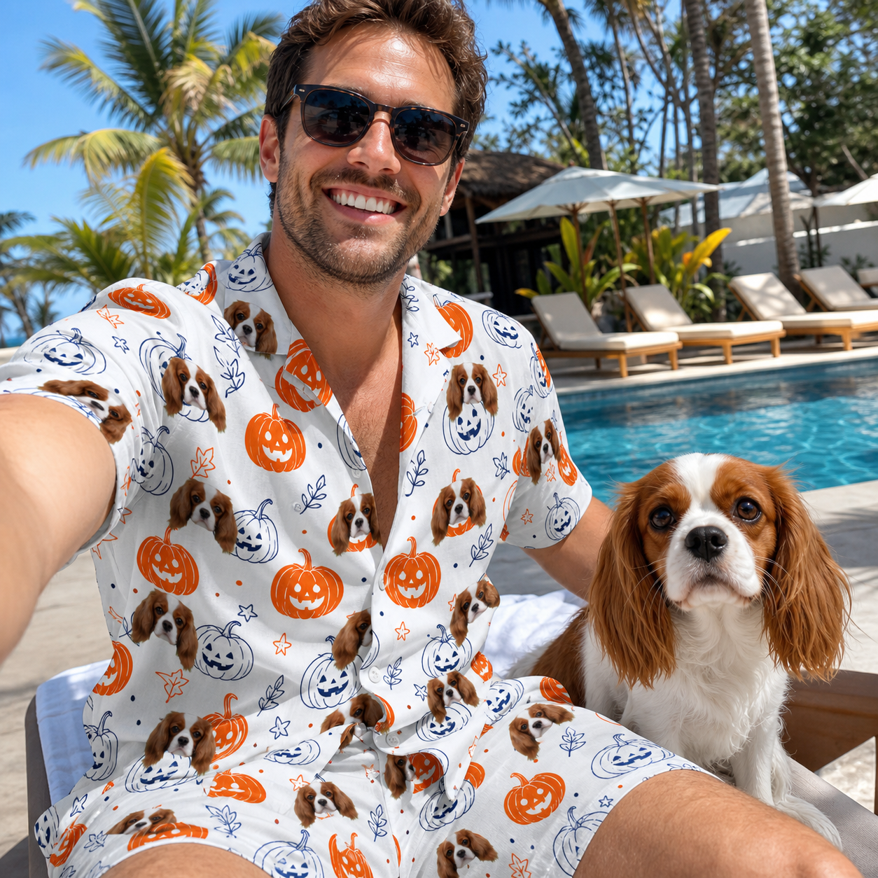 Selfie with the pet whose face is printed all over this Men's Jack O'Jitters Custom Dog Face Shirt & Shorts Set