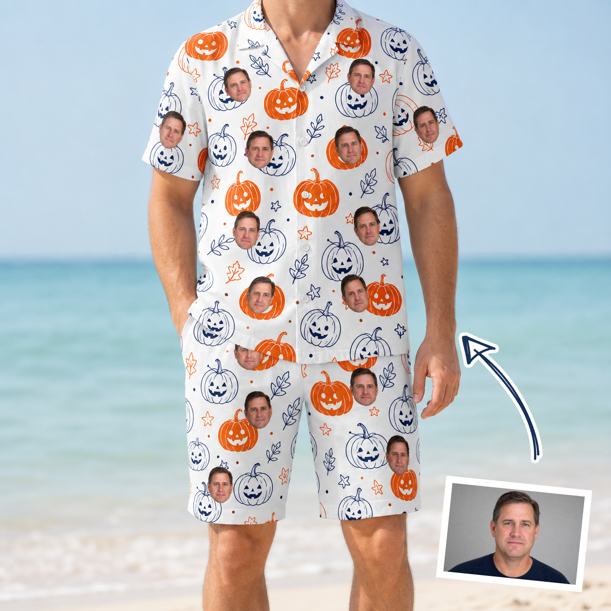 Man wearing Men's Jack O'Jitters Custom Face Shirt & Shorts Set — custom faces printed all-over