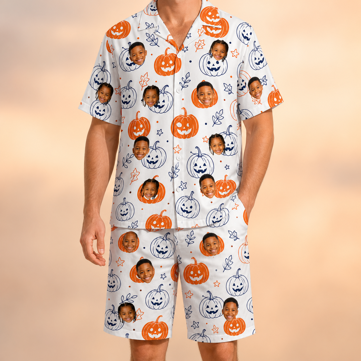 Model wearing Men's Jack O'Jitters Custom Face Shirt & Shorts Set printed with kids' faces