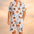 Model wearing Men's Jack O'Jitters Custom Face Shirt & Shorts Set printed with kids' faces