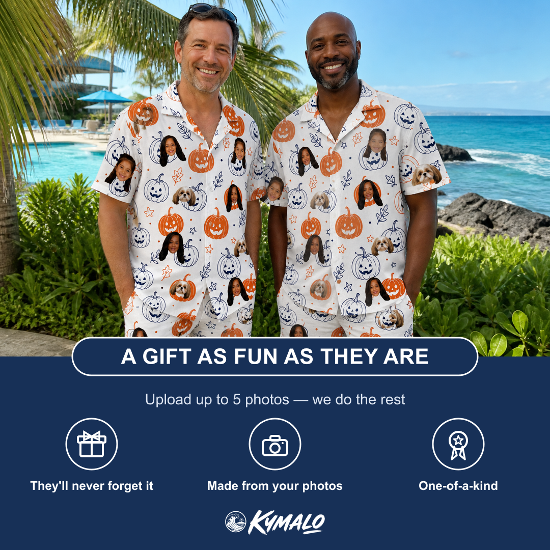 Friends in matching Men's Jack O'Jitters Custom Face Shirt & Shorts Set — a group gift photo