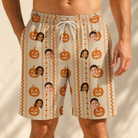 Model wearing Men's Spooky Squash Custom Face Beach Shorts printed with kids' faces