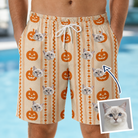 Man wearing Men's Spooky Squash Custom Cat Face Beach Shorts — custom faces printed all-over
