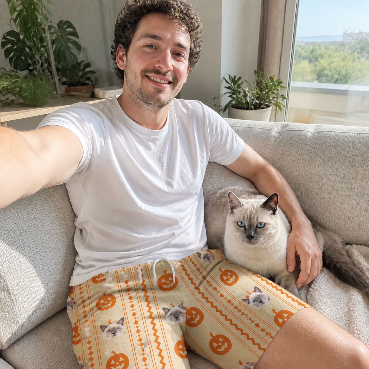Selfie with the pet whose face is printed all over this Men's Spooky Squash Custom Cat Face Beach Shorts