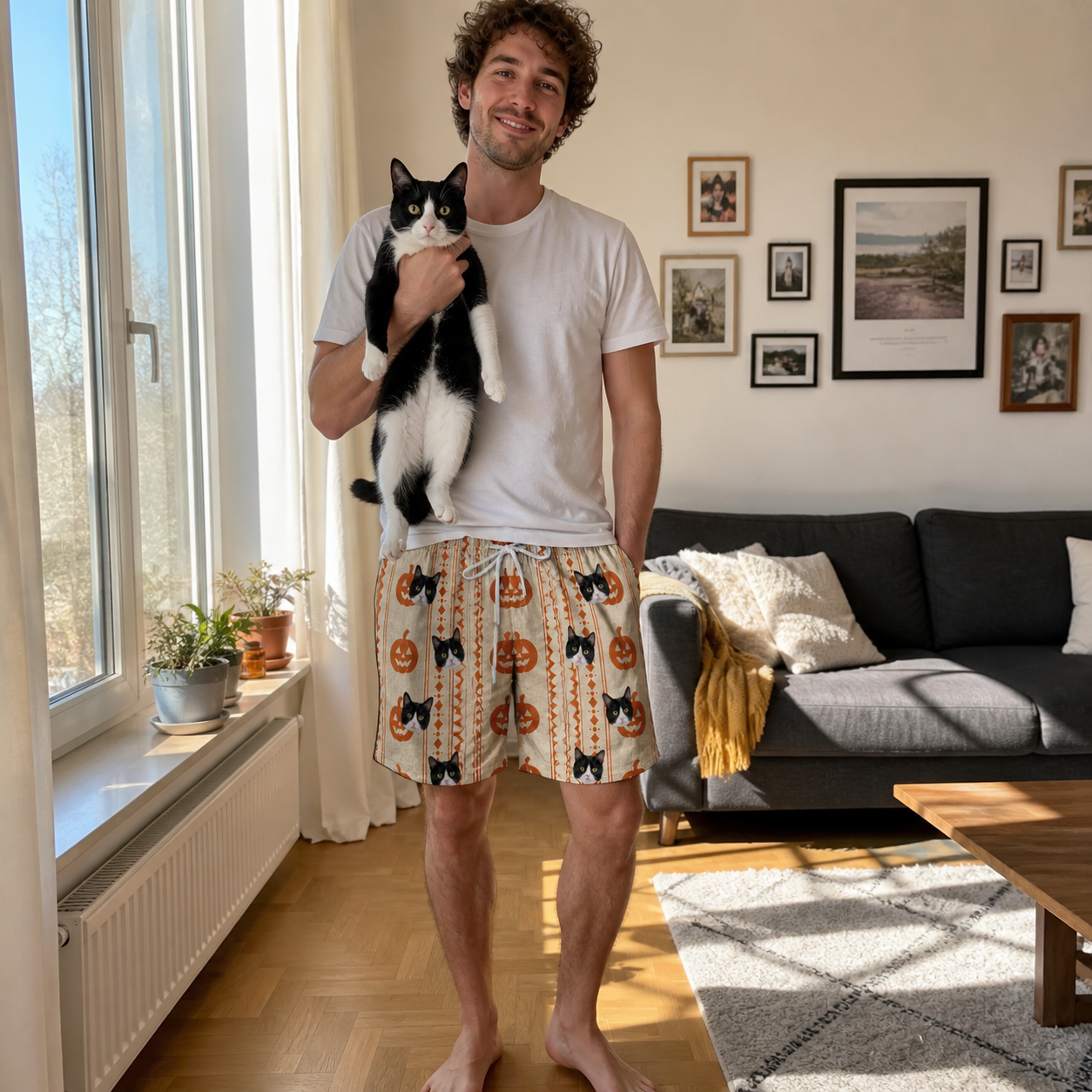 Full-length photo with the pet printed all over this Men's Spooky Squash Custom Cat Face Beach Shorts