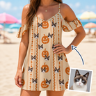 Woman wearing Women's Spooky Squash Custom Cat Face Off-Shoulder Dress — custom faces printed all-over