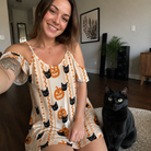 Selfie with the pet whose face is printed all over this Women's Spooky Squash Custom Cat Face Off-Shoulder Dress