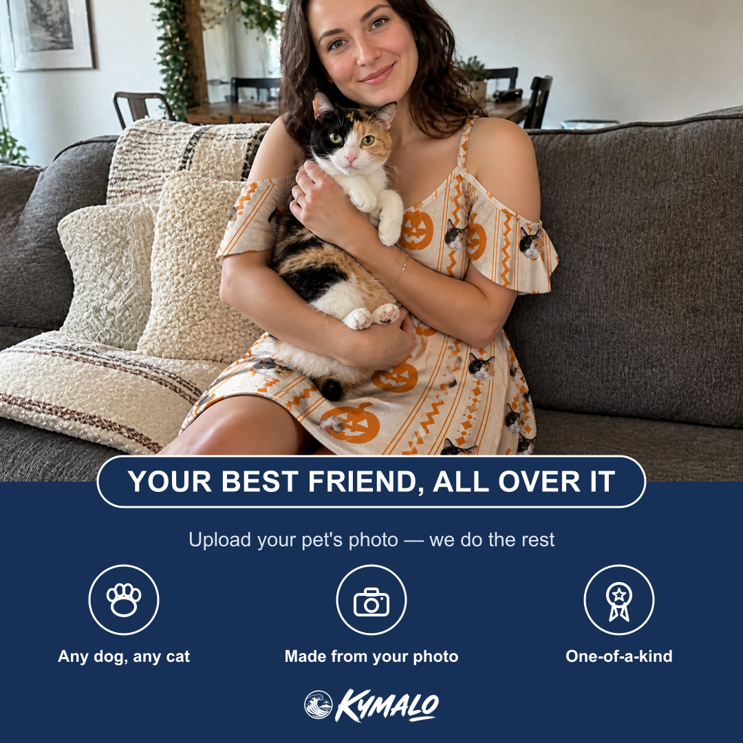 Friends in matching Women's Spooky Squash Custom Cat Face Off-Shoulder Dress — a group gift photo