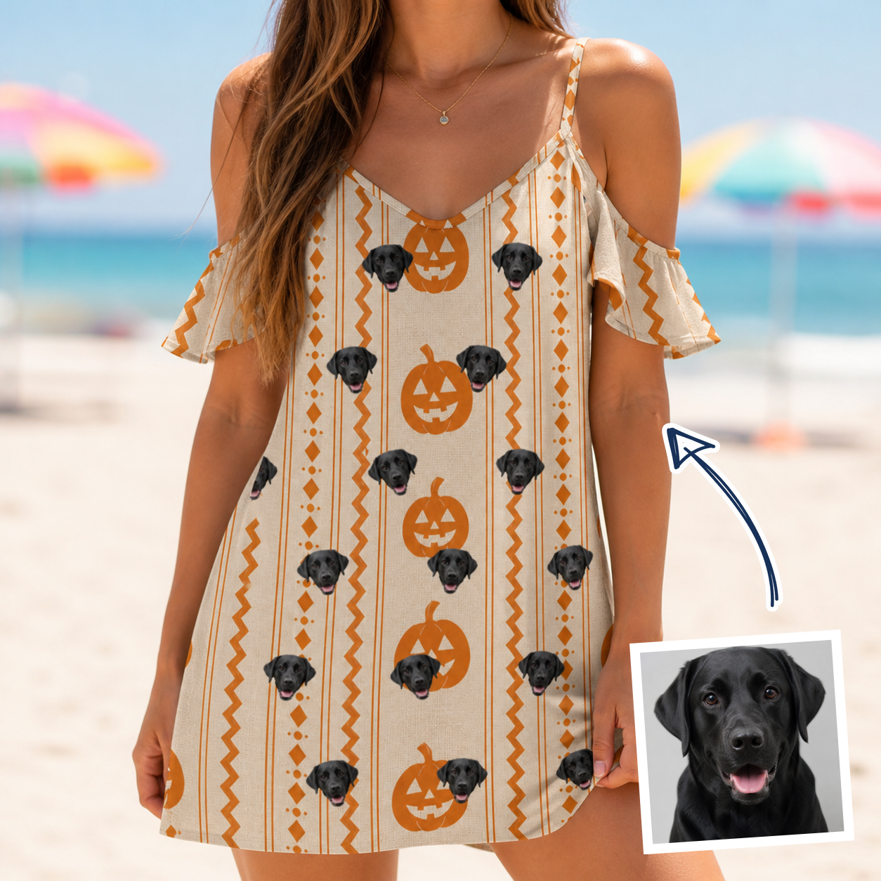 Woman wearing Women's Spooky Squash Custom Dog Face Off-Shoulder Dress — custom faces printed all-over