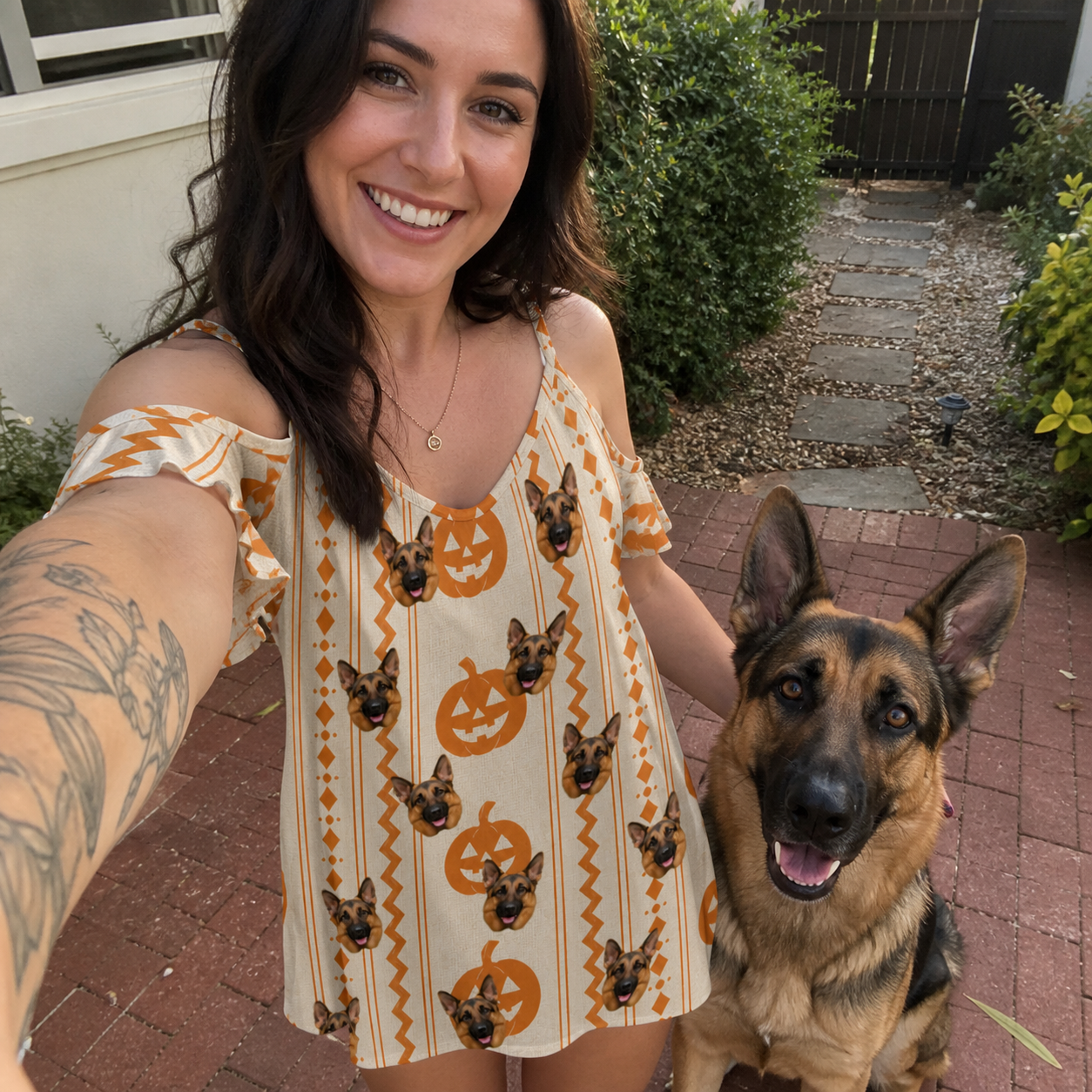 Selfie with the pet whose face is printed all over this Women's Spooky Squash Custom Dog Face Off-Shoulder Dress