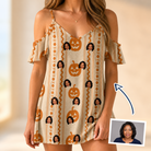 Woman wearing Women's Spooky Squash Custom Face Off-Shoulder Dress — custom faces printed all-over