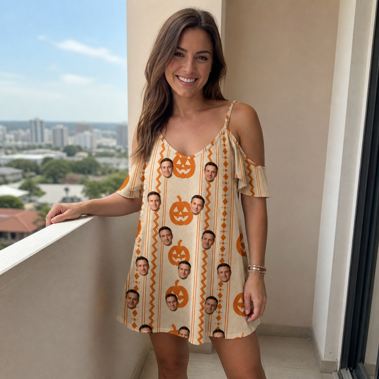Real-life photo of someone wearing Women's Spooky Squash Custom Face Off-Shoulder Dress — custom faces printed all-over