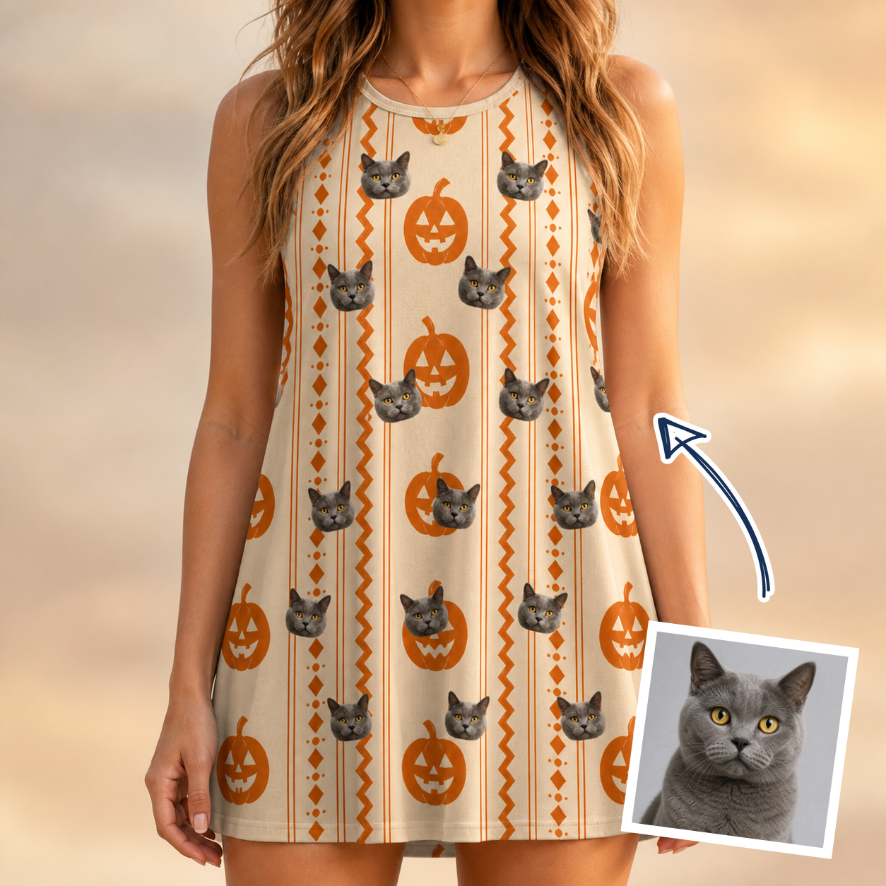 Woman wearing Women's Spooky Squash Custom Cat Face Tank Dress — custom faces printed all-over