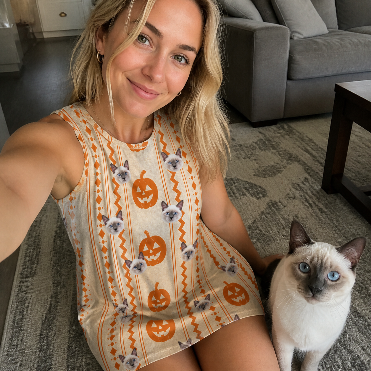 Selfie with the pet whose face is printed all over this Women's Spooky Squash Custom Cat Face Tank Dress