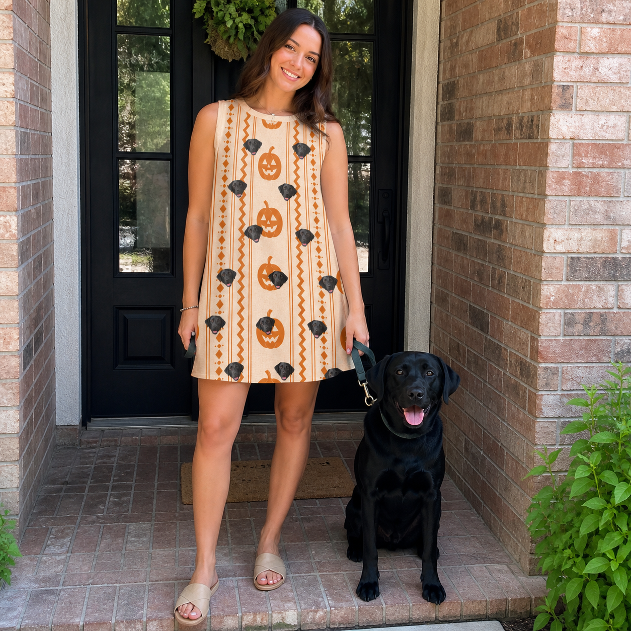 Full-length photo with the pet printed all over this Women's Spooky Squash Custom Dog Face Tank Dress