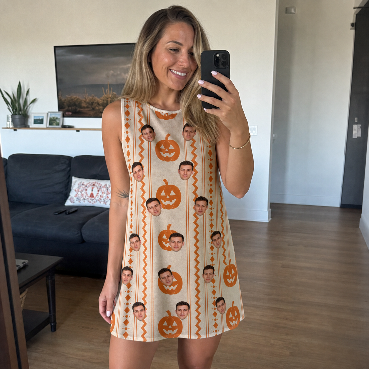 Real-life photo of someone wearing Women's Spooky Squash Custom Face Tank Dress — custom faces printed all-over