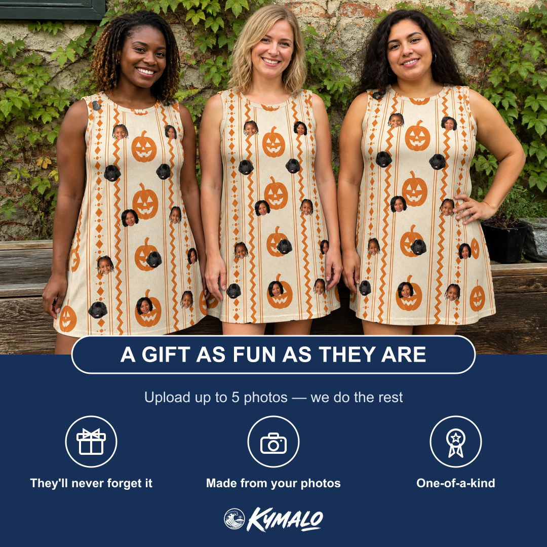 Friends in matching Women's Spooky Squash Custom Face Tank Dress — a group gift photo