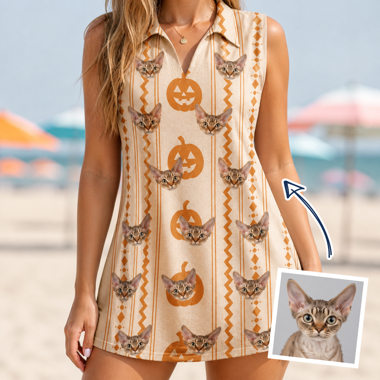 Woman wearing Women's Spooky Squash Custom Cat Face V-Neck Dress — custom faces printed all-over