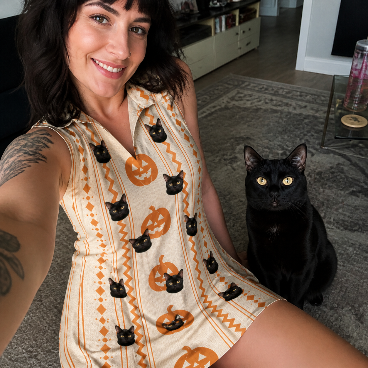 Selfie with the pet whose face is printed all over this Women's Spooky Squash Custom Cat Face V-Neck Dress